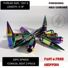 20 Neo Chrome 3.18" Spike Lug Nuts M12x1.5 For Aftermarket Wheels 60° Cone Seat