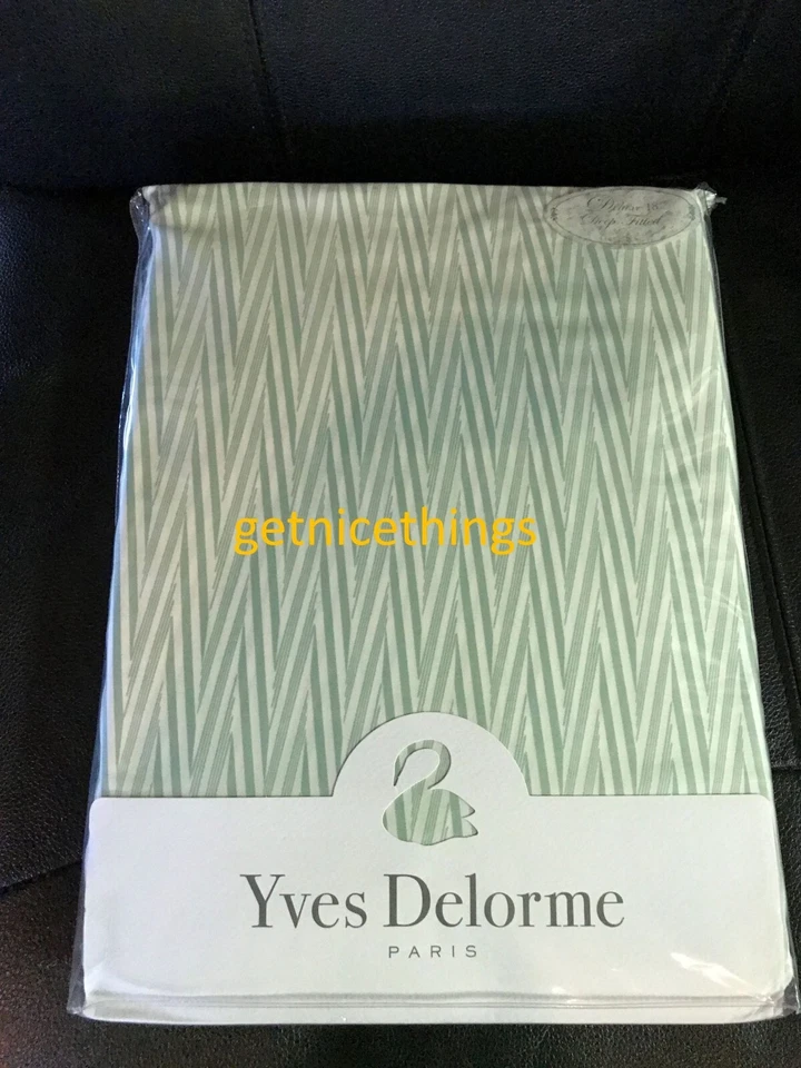 Sábana Ajustable Yves Delorme Ramos 18'D 75x85" Blanco Verde Rayas Satén Francia Foto 2 de 4