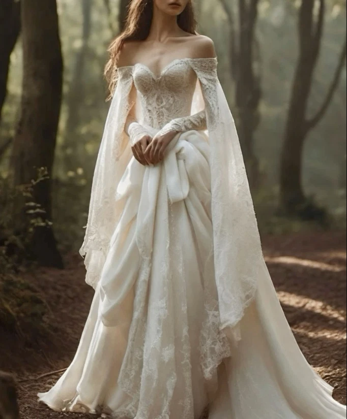 Vintage Off the Shoulder Wedding Dresses with Cape Lace Up Lace Appliques Bridal - Image 2 of 4