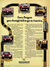 1975 Peugeot 504 Every Peugeot Goes Through Hell To Get To America. Print Ad