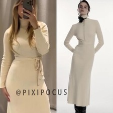 ZARA NEW RIBBED KNIT BELTED LONG DRESS TURTLENECK CREAM S,M,L