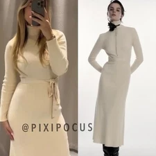 ZARA NEW RIBBED KNIT BELTED LONG DRESS TURTLENECK CREAM S,M,L