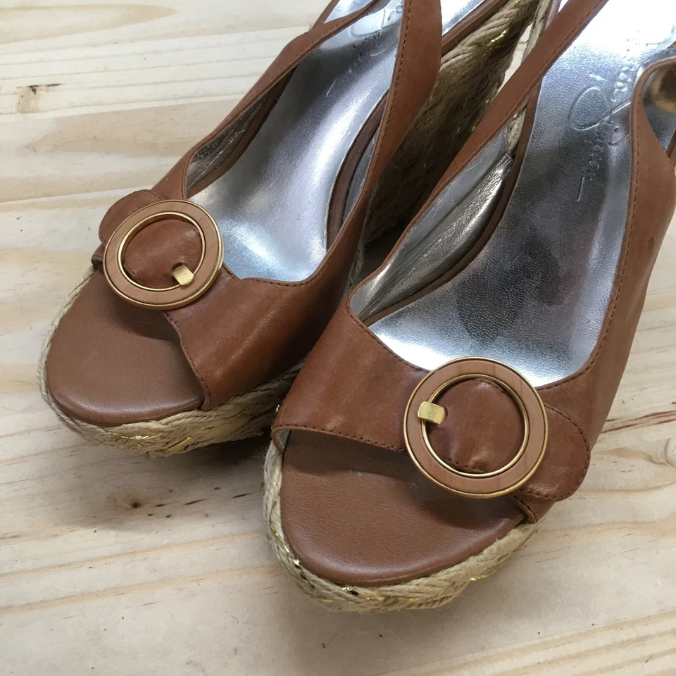 Jessica Simpson 凉鞋女式 6B Gauma 露背楔形帆布鞋棕色皮革 — 第 4/4 张图片