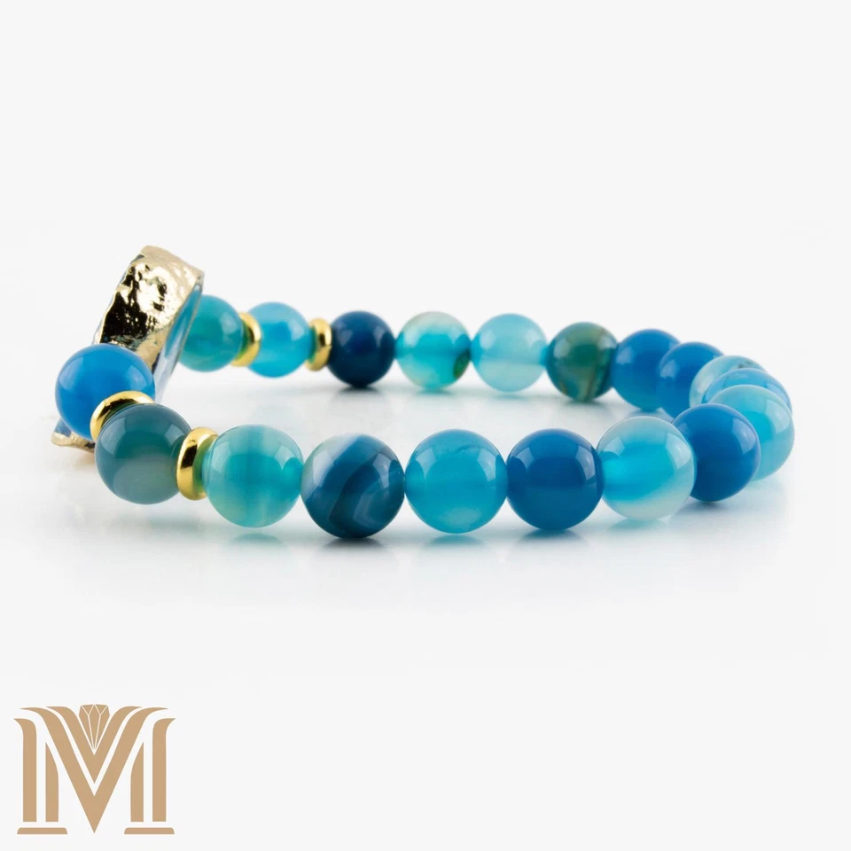 Elegante Brazalete de Cuarzo Azul Ágata y Druzy - Acento Dorado, Ajustable (6"-7.5") Foto 3 de 4