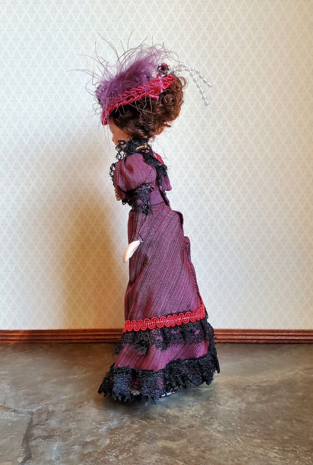 Dollhouse Miniature Victorian Doll Porcelain Fancy Maroon Dress /& Hat 1:12 Scale