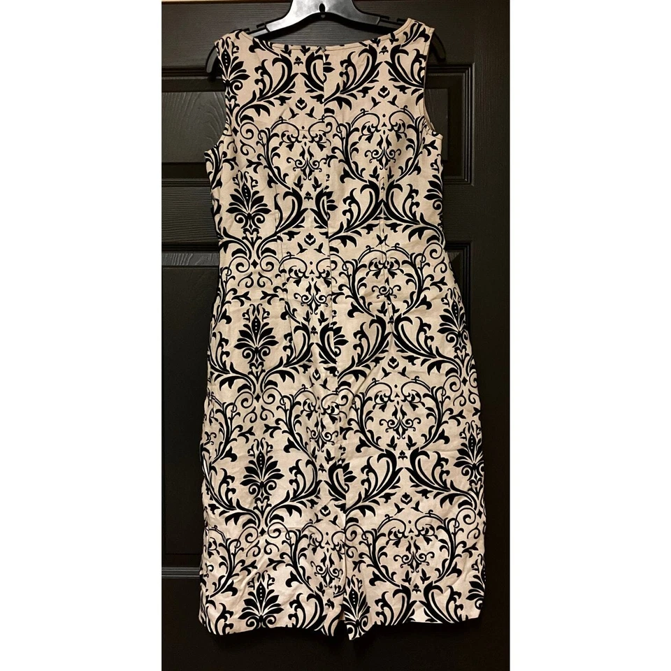 LIZ CLAIBORNE Linen Cream Black Floral Sz 12 Dress Pencil Sleeveless Lined Zip - Image 2 of 4