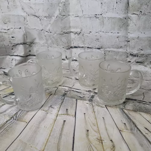 SET OF 4 Vtg Pasari Livia Frosted Rose Clear Glass Mugs Cups Indonesia Embossed