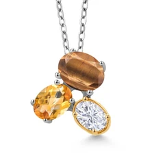 925 Silver and 10K Yellow Gold Brown Tiger Eye Citrine and White Moissanite