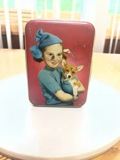 VINTAGE EDWARD SHARP & SONS TOFFE TIN GIRL HOLDING A DOG ENGLAND MID 20TH CENT
