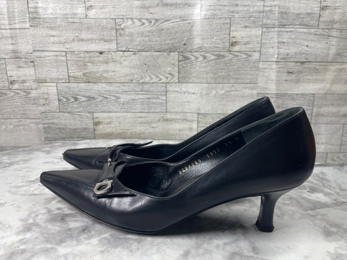 Salvatore Ferragamo Kitten Heels Women7.5B Shoes Black Leather Pin Pointed Pumps - Picture 8 of 21