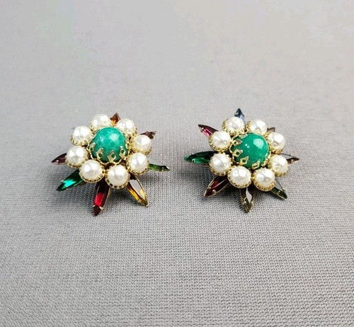 Judy Lee Ohrclips Vintage goldfarben bunt Strass Perlen signiert - Bild 6 von 8