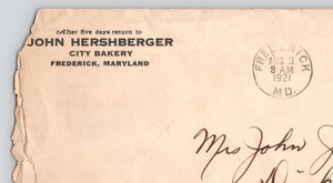 1921 John Hershberger City Bakery Frederick MD  Postal Cover