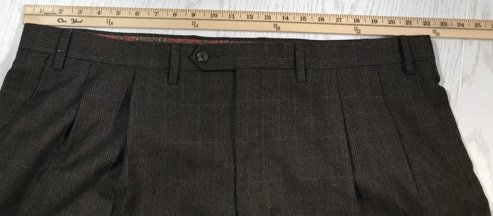 Lauren Ralph Lauren Wool Trousers Pants 44x26 Brown Houndstooth Pleated Cuffed - Image 3 of 4