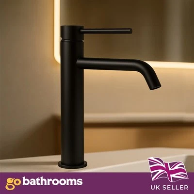 GO BATHROOMS Black Bathroom Sink Tap Tall Basin Mono Mixer Countertop Single Lever Handle