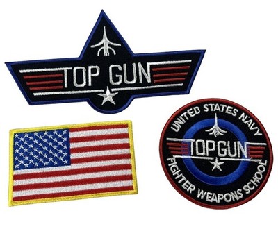 Top Gun Navy Fighter Weapons School & American Flag Iron-On Patches Set