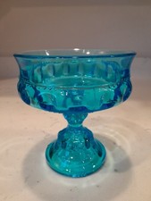 Vintage Indiana Glass Aqua Blue Kings Crown Thumbprint Compote Candy Dish