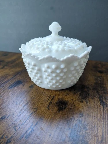 Vintage Fenton Hobnail White Milk Glass Candy Dish Lid Panel Round