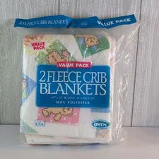 Vtg OWEN Baby Crib Blanket Set Of 2 Pink Trim Teddy Bear Made In The USA NEW