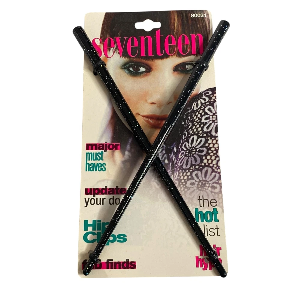 Vintage 90s Seventeen Hair Sticks Black Sparkle Glitter Buns and Updos #80031 - Image 2 of 4