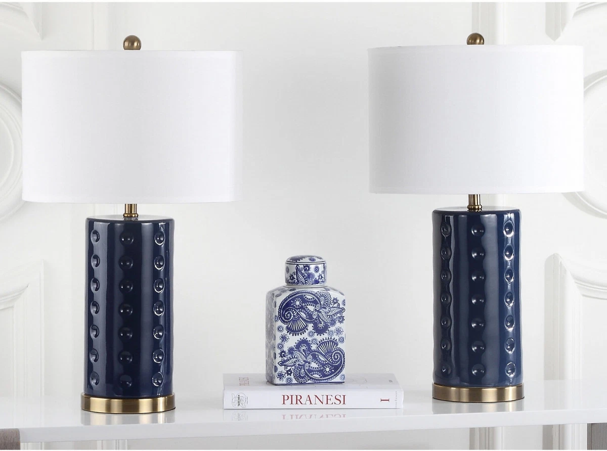 Set of 2 Navy Blue Ceramic Table Lamps Bronze Accents White Shade Nautical Decor