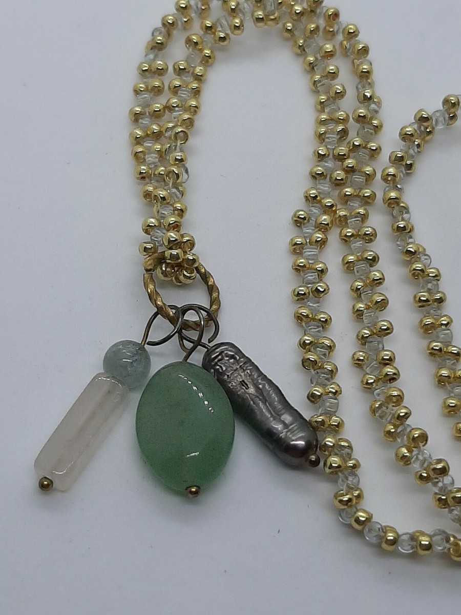 Rose Quartz Black Pearl Adventurine Pendant Gold Seed Bead Beaded Necklace  OOAK