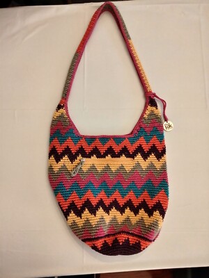 The Sak Crochet Multicolor Zig Zag Pattern Hobo Style Purse Pre-owned 