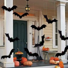 YUJUN Halloween Hanging Bats 12 Pieces 3D Realistic Scary Large Fake Black Hangi
