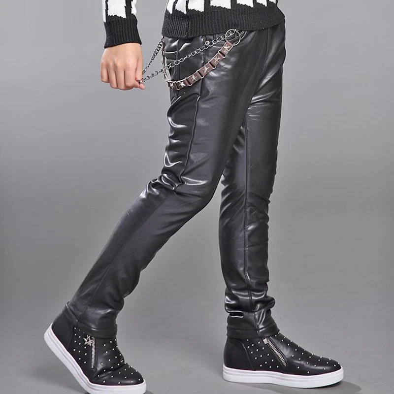 Kids Boys Hip hop leather pants Thicken warm Rock Punk Fur Lined