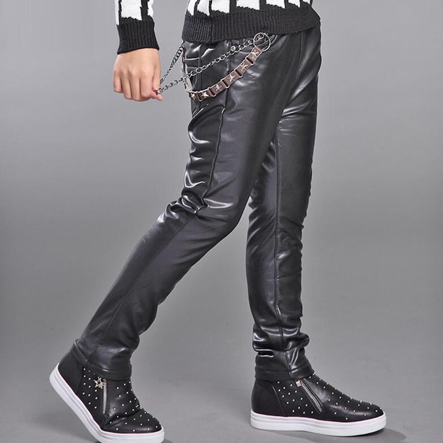 Kids Boys Hip hop leather pants Thicken warm Rock Punk Fur Lined Chain