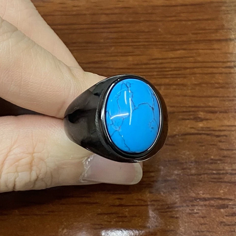 Anillo Turquesa Hombre Acero Inoxidable Ovalado Motociclista Regalo para Papá Novio Azul Negro Foto 4 de 4
