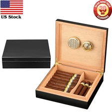 Cigar Humidor Wood Case Holder Hygrometer Humidifier Vintage Black 20-25CT Gift