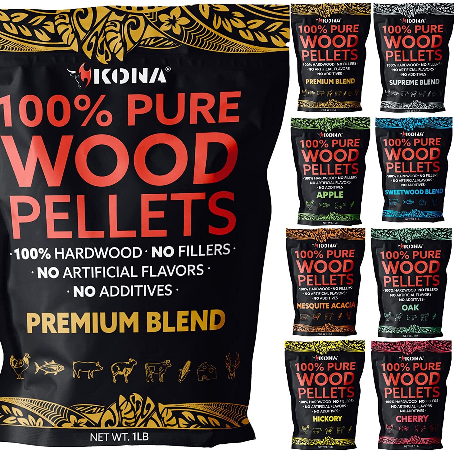 Kona Premium Wood Pellets – Grilling, BBQ u0026 Smoking – Concentrated 100%  Hardwood – IBBY