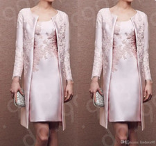 Pink Mother Of The Bride Dresses Long Sleeve Jacket Knee Length Wedding Dress