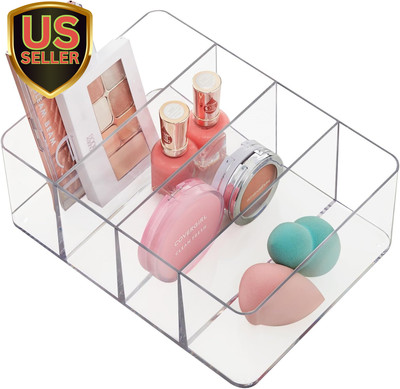 4-Compartment Clear Plastic Organizer, Rectangular Divided Makeup and Vanity Sto