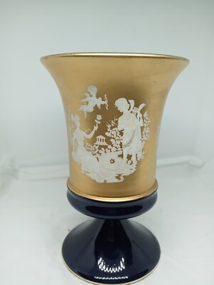 Vtg. Uniq C.Fiorentine Italy Hd. M. Porcelain Gold & Cobalt Vase W Greek Scene. 