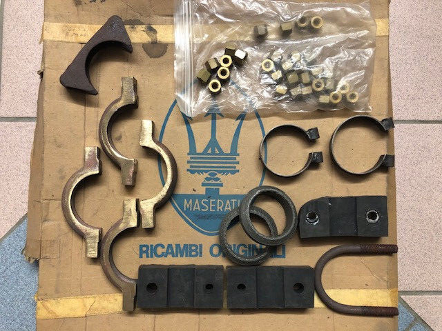 Maserati Khamsin Brass exhaust joints w/ donuts, hangers & bag of brass hardware