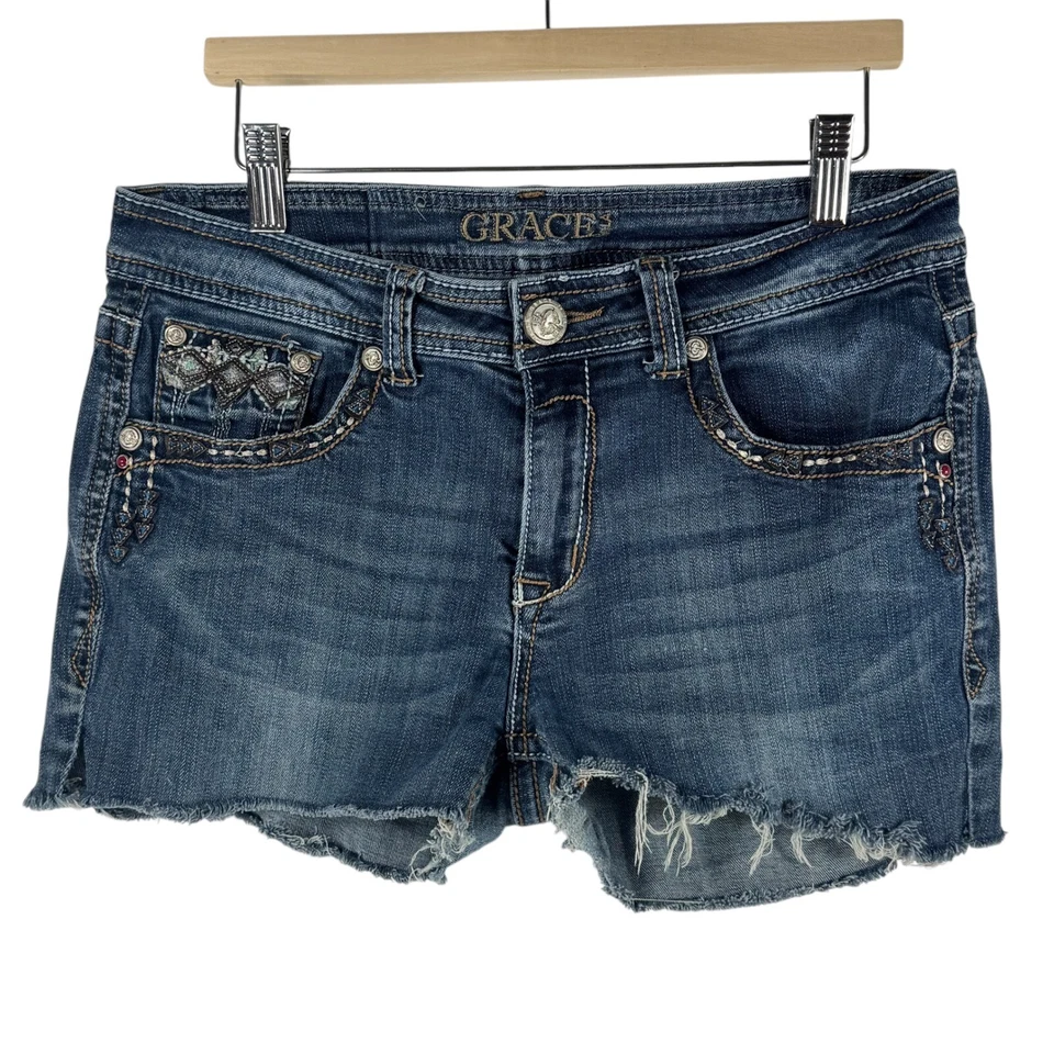 Pantalones Cortos de Denim Grace in LA Embellecidos Dobladillo Deshilachado Azul Talla 29 Punto Pesado Y2K Foto 2 de 4