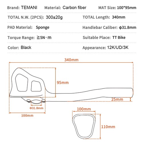 2024 Carbon Fiber Triathlon Time Trial TT Aero Bars Aerobars Extensions 31.8mm - Picture 2 of 17