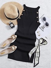 Shein Button Detail, Ribbed Knit Sweater Dress, Black, SZ S