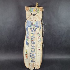 Wood Cat Welcome Sign Hand Painted Made in Mexico Signed Vintage Wall Decor