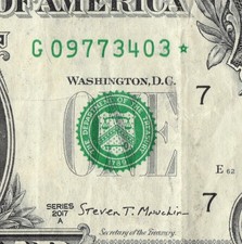 Series 2017A Star Note G Chicago 3.2M Pack Note $1 Dollar Bill G09773403*
