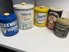 Set of Vintage Tin Cans/Lids, Maxwell House, Domino, Pillsbury, Quaker, Morton's