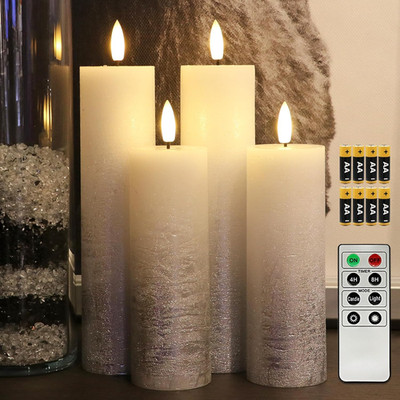 Fanna Set of 4 Skinny Silver Battery Operated Flameless LED Candles Textured Wax