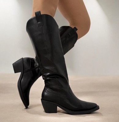 Damen Schwarz Kniehohe Westernstiefel Cowboy Style Blockabsatz Kunstleder