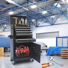 Toolbox A five-drawer rolling tool cart with wheels is used in garages