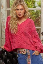 Trendsi Cable Knit V-Neck Women's Cropped Sweater Balloon Sleeve Top USA Ship