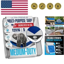 12x16 Tarp, Waterproof Plastic Poly 5.5 Mil Thick Tarpaulin with Metal Gromme...