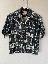 Vintage Polynesian Bazaar Shirt Mens Small Green Aloha Hawaiian Made USA 60s