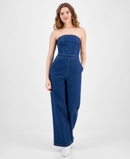 Tinseltown X5527 Juniors' Wide Leg Strapless Denim Jumpsuit, Medium Wash, XS