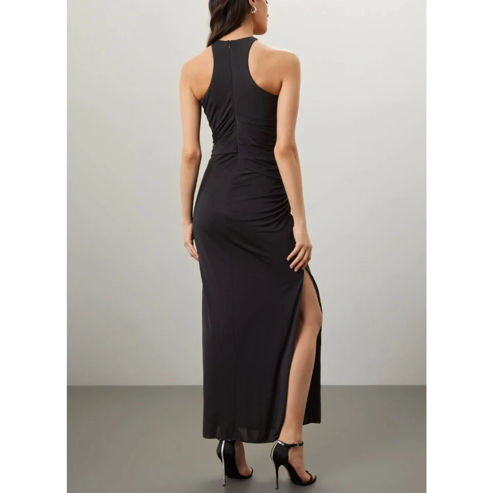 Halston Black Tank Gown Size 8 Cocktail Bodycon Halter Chic Maxi Dress $545 Flaw - Image 3 of 4